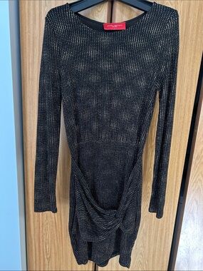 Akira Chicago Black Metallic Knit Long-Sleeve Dress